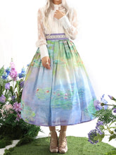 Water Lily Oil Painting Print Gray and Purple High Waist Skirt Long/Short Version