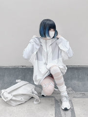 White & Gray Cross Pattern Jirai Kei Sun Protection Hooded Coat