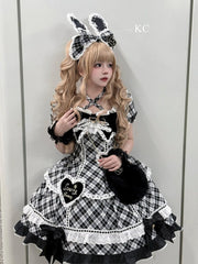 White & Black Plaid Puff Sleeves Sweet Lolita Dress with Sweetheart Appliques