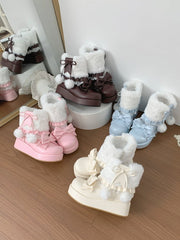 PU Creamy White Sweet Lolita Platform Snow Boots - Pompon Charm, Bow Details & Faux Fur Cuff with Side Zipper
