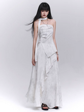 Off-white Side Slit Strapless Top with Scarf / Elastic Waist Cascading Ruffle Trim Skirt