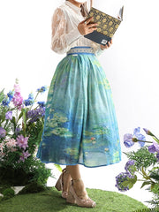 Water Lily Oil Painting Print Blue and Green High Waist Skirt Long/Short Version
