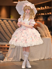 Tulip Print Pink Off-Shoulder Elegant Lolita Dress with Drawsting Tulle Overlay
