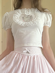 White Cropped Tee with Sweetheart Applique & Cat Print