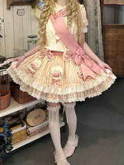 Pink Low Waist Striped Sweet Lolita Dress with Bow and Candy Accents