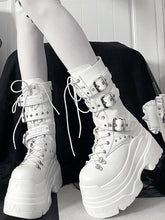 Triple Fastening System & Studs Details PU White Platform Boots in Jirai Kei