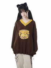 V-neck Coffee Honey Bear Print Loose Sweatshirt Drawstring Hem
