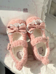 Pink Sweet Lolita Plush Mary Jane Shoes with Pom-Pom Tail Design & Bow Decor