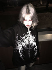 Black/White Lightweight Gothic Striped-Lined Hoodie with Dark Fantasy Print