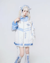 Tenshi Kaiwai Futuristic Landmine Coord Set in Blue & White - Cyber Angel Techwear Jacket, Shorts & Leg Warmers