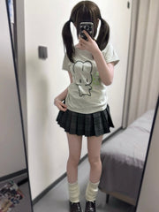 Gray Jirai Kei Puppy Print Round Neck T-shirt