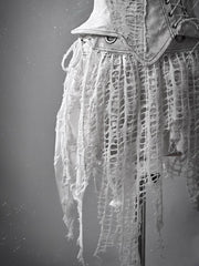 White Punk Distressed Holes Handkerchief Hem Skirt with Detachable Overlay