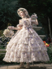 Blue Rosette Print Quinceanera Princess Dress Hanayome Lolita JSK Tiered Skirt Floor Length