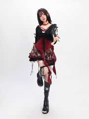 Red Cascading Ruffles Cami Top with Black Coverup Set