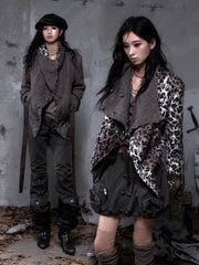 Vintage Punk Reversible Wool Coat with Leopard/Brown Fabric & PU Tie Straps