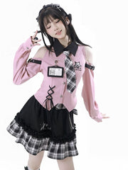 Idol Core Fashion Top: Bittersweet Pink Open Shoulder Shirt with Punk Star Buckles, Lace-Up Hem & Black Plaid Tie