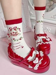Red&White Lolita Strawberry and Flower Basket Pattern Cotton Socks
