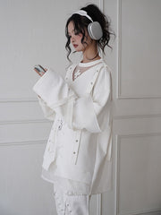 Zip Design White Butterfly Embroidered Chic Sweat Shirt with Star-shaped Studs