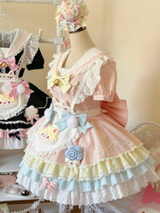 Pastel Color Sailor Collar Sweet Kitty Maid Lolita Dress with Heart Apron