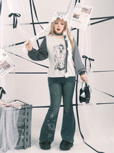 Plus Size Y2K White Anime Girl Print Top with Striped & Polka Dot Sleeve