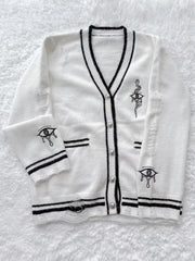 White Distressed Holes Knit Cardigan with Eye and Snake Embroidery