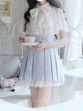 White Lace Trim Cape Top+ Blue Box Pleat Skirt+ Bow Tie Jirai Kei Set