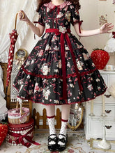 Teddy and Strawberry Print Black Lolita Short Sleeves Dress