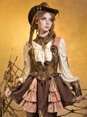 Steampunk Brown PU Under-bust Suspender Dress with Orange Lace Layers