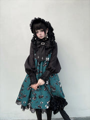 Cherry and Bunny Dolls Print Green & Black Dark Gothic Lolita OP Dress