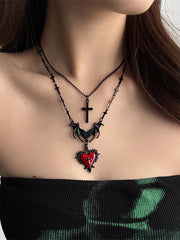 Y2K Bat Double-Layered Necklace With Red Heart Cross Pendant
