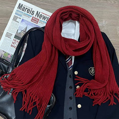 Red/White Tassels Details JK Uniform Knitted Scarf