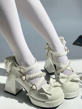 White Sweet Lolita Mary Janes - Platform High Block Heel with Beaded Crisscross Straps & Heart Buckle
