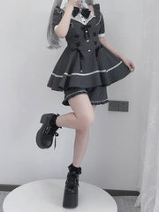 Jirai Kei Black Striped Set : Lace Patches Neckline Lace-up Waist Top + Shorts + Bowtie