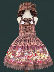Coffee Diamond Pattern Sweet Lolita Overall Dress with Dessert Print and Cat Ear Hood