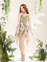 Summer Fairycore Handkerchief Hem Dress Green Butterfly Design Bodice