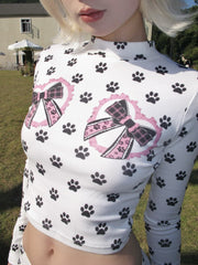 White Paw Bowknot Print Long Sleeve Cropped Top