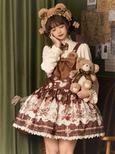 Coffee Chocolate Teddy Bear Print Lace Trim Big Bow Sweet Lolita Dress Jumper Skirt