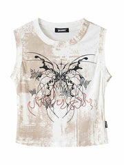 Y2K White Butterfly Print Slim Fit Tank Top