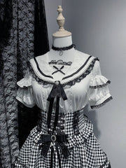 Jirai Kei Short Sleeves Blouse Black/White with Beaded Sailor Collar & Cutout Shoulder