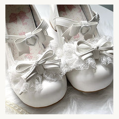 White Sweet Lolita Round Toe Mary Janes - Bow at Top & Lace Trim
