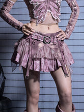 Y2K Punk Pink Denim Mini Skirt with Asymmetric Hem & Heart Buckle Sequined Belt