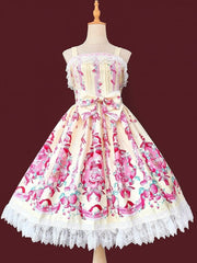 Yellow & Pink Strawberry Print Sweet Lolita JSK Dress with Heart shaped Lace Trim