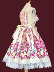 Yellow & Pink Strawberry Print Sweet Lolita JSK Dress with Heart shaped Lace Trim