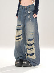 Vintage Kawaii Blue Wide-Leg Jeans with Distressed Detailing