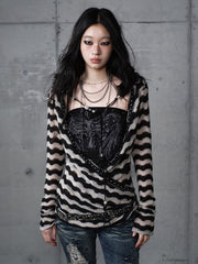 Vintage Black & White Striped Knit Top & Bustier Set with Deconstructed Design & Faux Fur