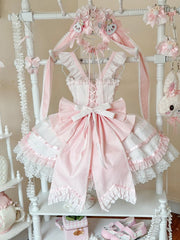 Pink Corset Waist Rabbit-Themed Polka Dots Dress Sweet Lolita JSK / Full Set