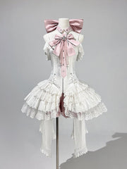White Spaghetti Straps Corset Dress Balletcore Lolita JSK + Pink Bloomer Shorts + Pink Bows