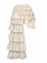 Cream Apricot Asymmetrical Tiered Sequined Lace Skirt