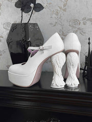 White Gothic Platform Heels - Winged Sculptural Heel & Crisscross Buckle Straps