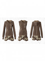 Wasteland Punk Khaki Y2K Tiered Hoodie Dress with Detachable Sleeves & Lace Trim